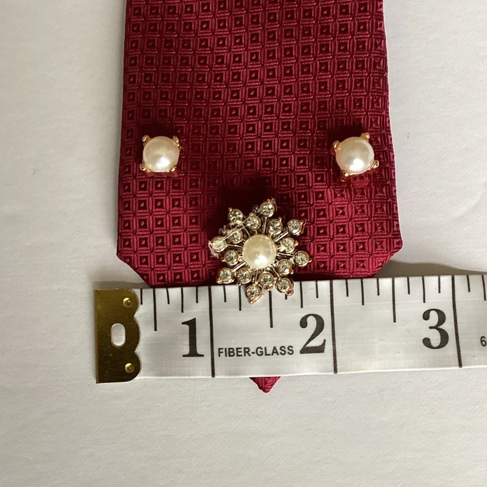 Junkie Tie: Red Textured Clip-On Tie with Gold, Pearl & Crystal Pins